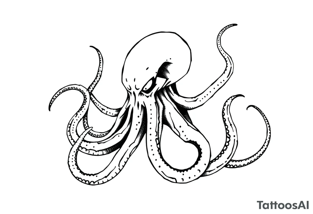 A minimalist blackwork tattoo design of an evil kraken The kraken is viewed from a 45-degree angle facing left, with its head centered. The tentacles extend only to the left and right, with none going downward beneath the head. the tentacles are quite long reaching to the left and right. The style is clean, fine-line detailing with bold outlines, avoiding heavy shading. The tentacles should be fluid, aggressive, and striking, enhancing the menacing and eerie look of the kraken while maintaining a cohesive design for a tattoo sleeve. make the tentacles very long, they need to be 3 times a slong as the head. tattoo idea