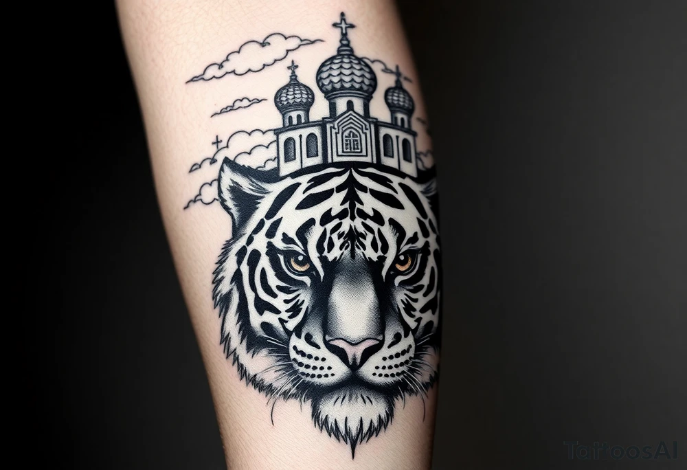Realistic tiger face on the back of the hand with its eyes ALL black and no pupils, sitting beneath a Russian Orthodox cathedral sitting above on the top fore arm with onion domes and orthodox crosses. with clouds above and a virgin mary tattoo idea