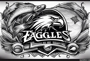 Sleeve incorporating NFL Philadelphia eagles, USA postal service, American flag, fishing, golf, tornados, cooking tattoo idea