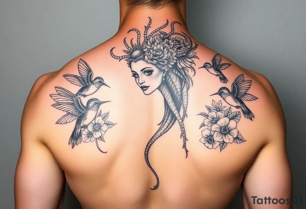 feminine medusa surrounded by hummingbirds and flowers tattoo idea