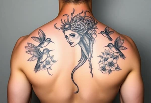 feminine medusa surrounded by hummingbirds and flowers tattoo idea