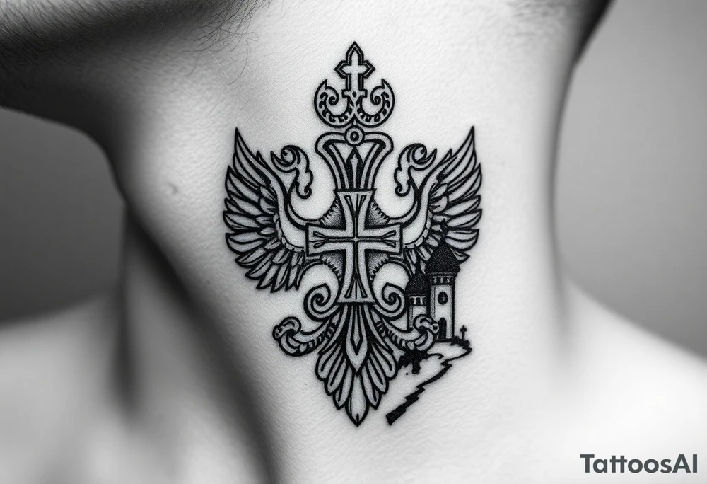 russian coat arms in a russian christian orthodox cross with the cross in the middle with a virgin mary & orthodox dome church on the side of the neck in a wilderness setting tattoo idea
