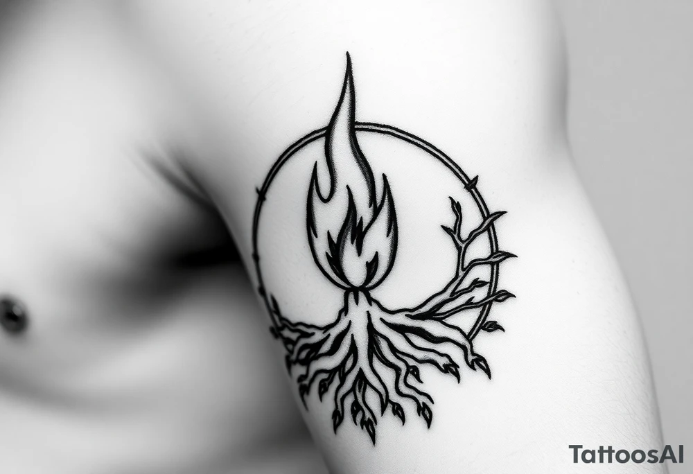 flame in a blooming roots circle tattoo idea