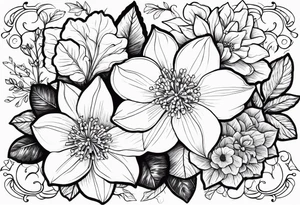 Hydrangea, Narcissus, Poinsettia, Holly, Gladiolus, Poppy, Daisy, Sweet Pea floral bouquet tattoo idea