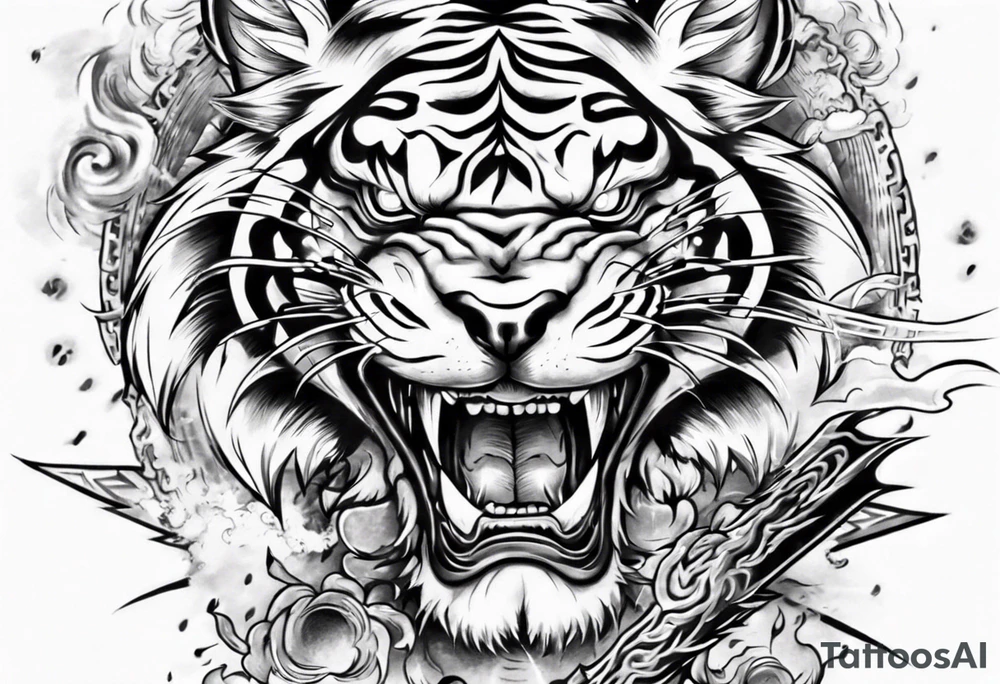 tiger warrior with lightning and the sun for a forearm sleeve tattoo idea