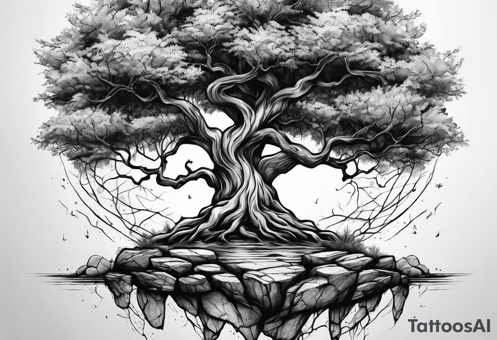 Tree growing out of stone with roots creating cracks tattoo idea