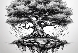 Tree growing out of stone with roots creating cracks tattoo idea