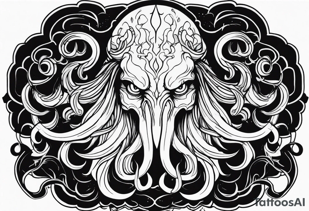 Cthulhu face surrounded by storm clouds with white lightning, tentacles and clouds wrapping around forearm tattoo idea Cthulhu face surrounded by storm clouds with white lightning, tentacles and clouds wrapping around forearm tattoo idea