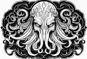 Cthulhu face surrounded by storm clouds with white lightning, tentacles and clouds wrapping around forearm tattoo idea