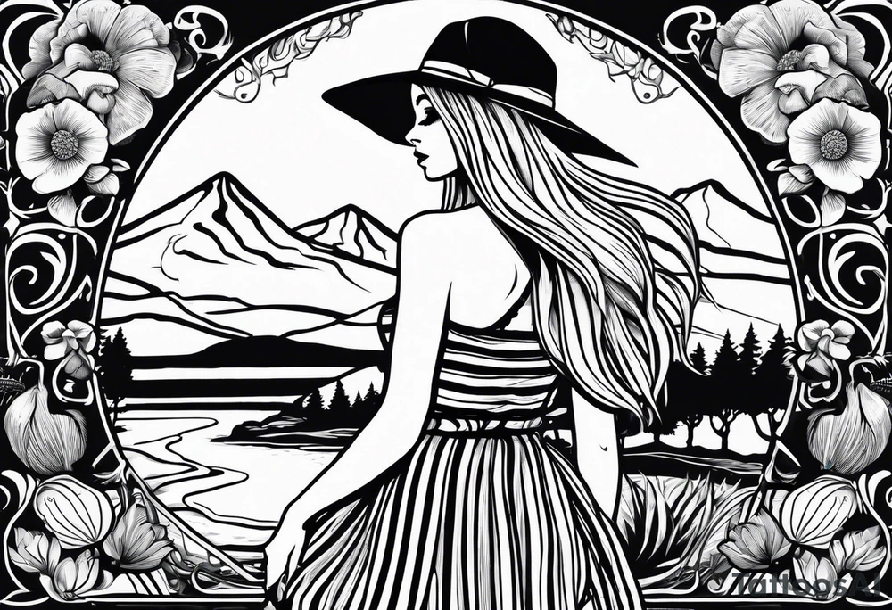 Straight long blonde hair girl standing in right corner in distance holding mushrooms in hand facing away toward mountains and creek surrounded by mushrooms black and white striped dress tattoo idea