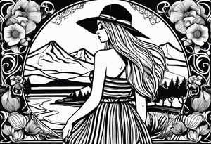 Straight long blonde hair girl standing in right corner in distance holding mushrooms in hand facing away toward mountains and creek surrounded by mushrooms black and white striped dress tattoo idea