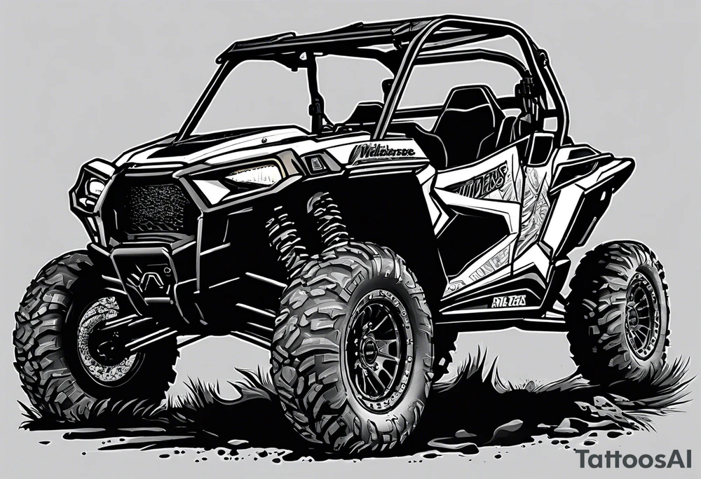 wilderness 4x4 trail with multiple polaris rzr off road vehicles slinging mud, include a rider with a helmet driving tattoo idea