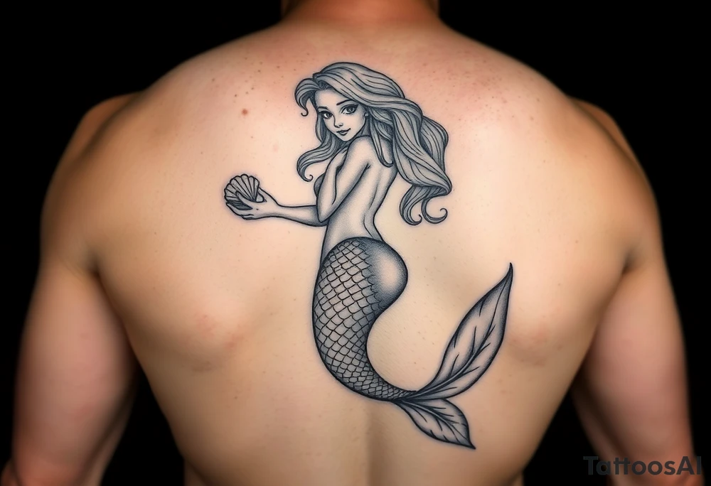 Mermaid tattoo full body soft face light grainy holding a shell in hand tattoo idea