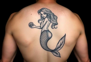 Mermaid tattoo full body soft face light grainy holding a shell in hand tattoo idea