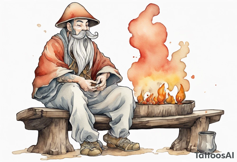 a mushroom-creature with a beard wearing a medieval tunic sitting on a bench by a fireplace drinking from a wood cup, happy tattoo idea