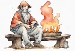 a mushroom-creature with a beard wearing a medieval tunic sitting on a bench by a fireplace drinking from a wood cup, happy tattoo idea