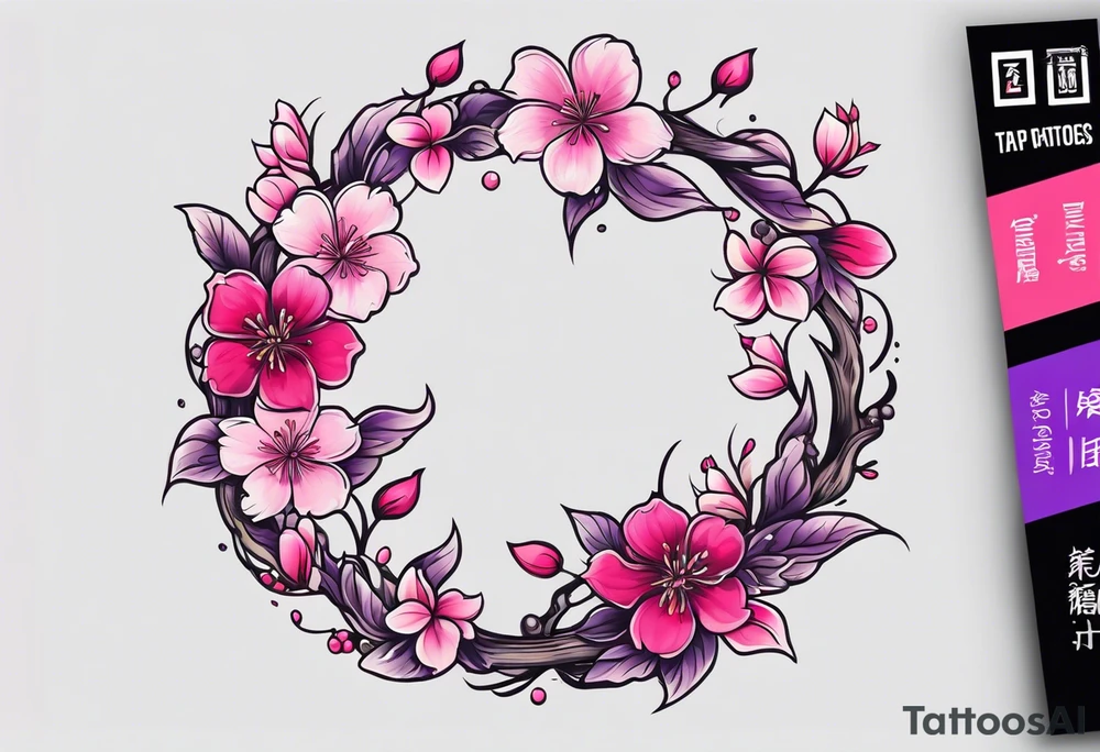 Flower wreath cherry blossoms pinks and purples tattoo idea