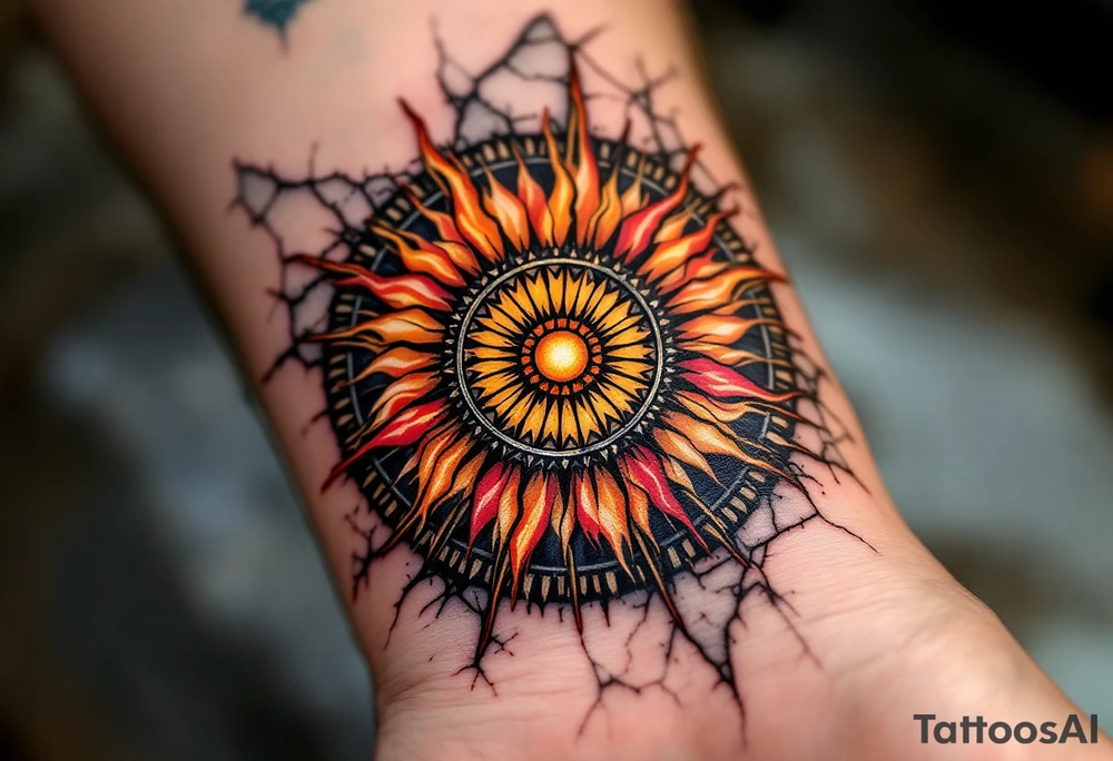 Slavic Sun Wheel – A radiant wheel in fiery tones of orange and red, with radial rays edged in black, backed by cracked stone or parchment. tattoo idea