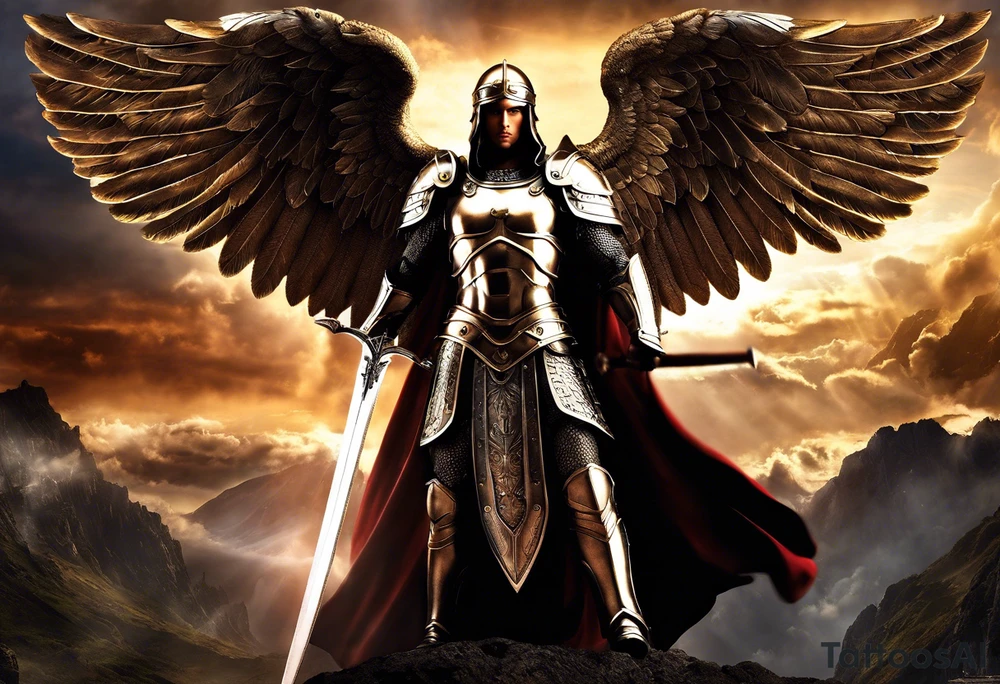 **Tattoo Design: Archangel Michael**

- **Central Theme**: Archangel Michael, majestic and powerful, stands ready with a raised sword, prepared to battle evil.
- **Appearance**: The figure of Archangel Michael depicted in full angelic armor, with majestic wings spread wide.
- **Expression**: His stance conveys strength, courage, and determination in defense of good.
- **Details**: Focus on intricate details such as facial features, armor embellishments, and the raised sword.
- **Background**: May be stylized as celestial, with rays of light or clouds, accentuating the divine presence of Archangel Michael.
- **Placement**: Intended for placement on the chosen body area, with the option to adjust the size according to personal preferences. tattoo idea