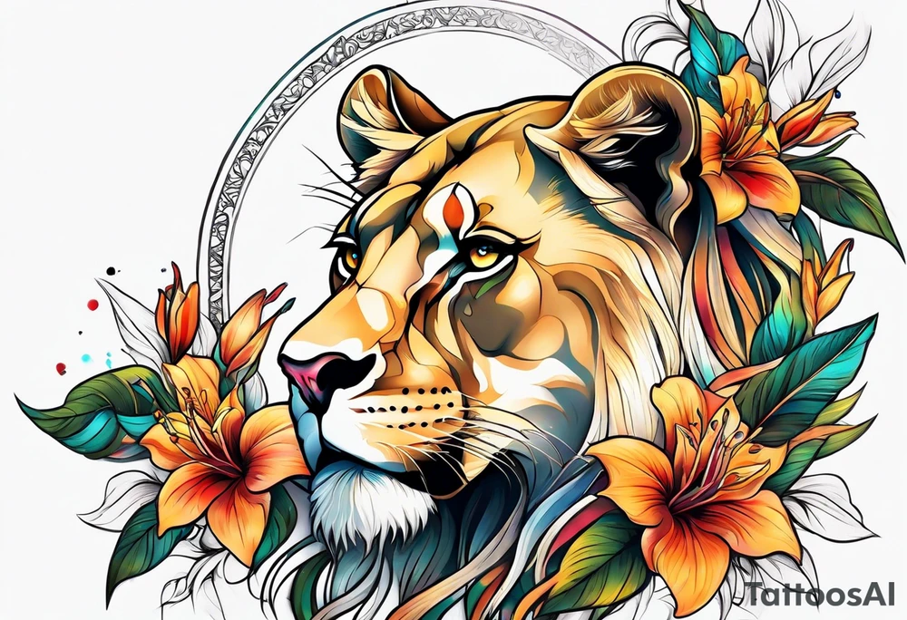 Lioness with lilies and color all over tattoo idea