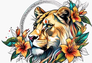 Lioness with lilies and color all over tattoo idea