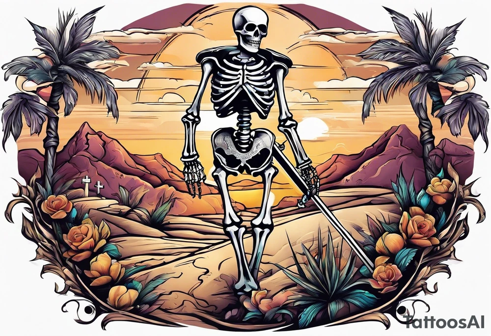 skeleton walking with a cross in a dessert tattoo idea
