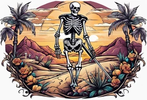 skeleton walking with a cross in a dessert tattoo idea