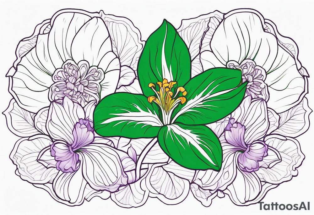 An outline of a green rio dipladenia flower and a green/purple in the background tattoo idea