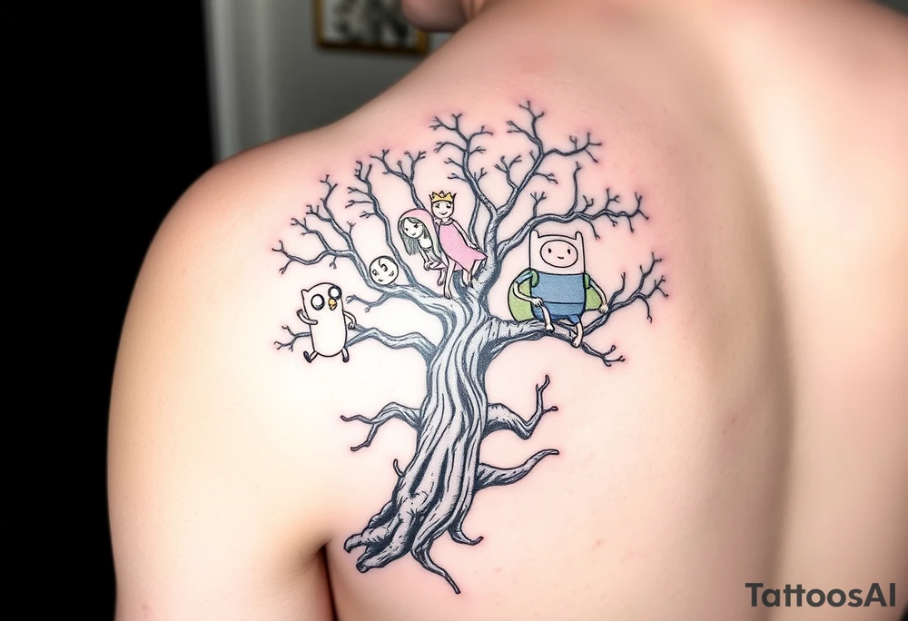 tree wrapped around forearm with adventure time characters Finn, Jake, Princess bubblegum and marceline on the tree in color tattoo idea
