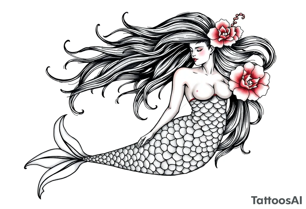 mermaid with flowing hair tattoo idea