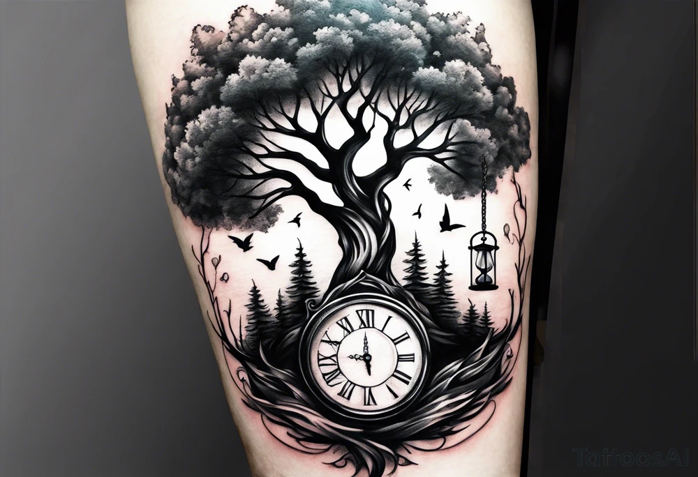 tattoo drawing of a tree on top a hour glass tattoo idea