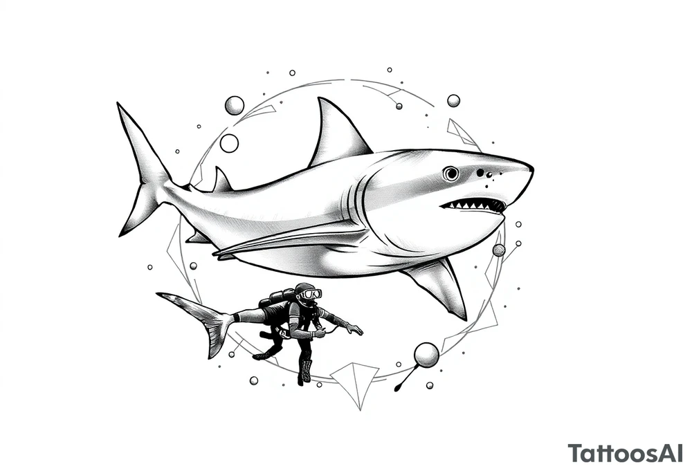 Generate a dive scene including a smaller shark circling a diver tattoo idea