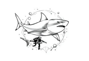 Generate a dive scene including a smaller shark circling a diver tattoo idea