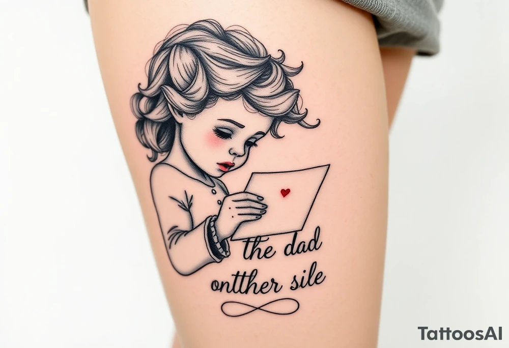 Little blond girl with curly hair mailing a letter that says to dad on the other side tattoo idea