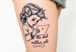 Little blond girl with curly hair mailing a letter that says to dad on the other side tattoo idea