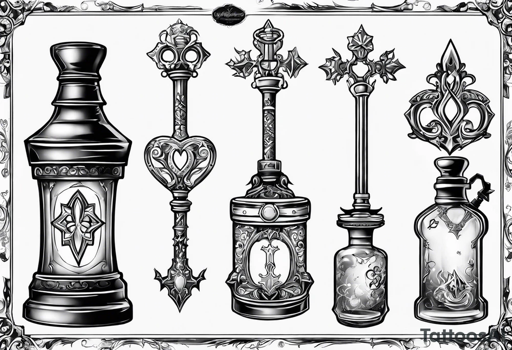 Kingdom hearts keyblade in a Felix felicis potion bottle tattoo idea