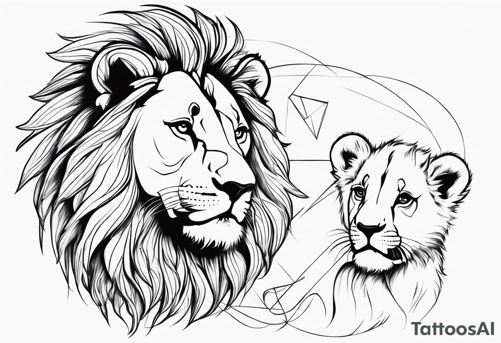 Tete Visage lion coupé en deux avec son bebe avec trait super fin tattoo idea