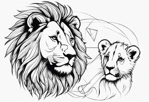 Tete Visage lion coupé en deux avec son bebe avec trait super fin tattoo idea