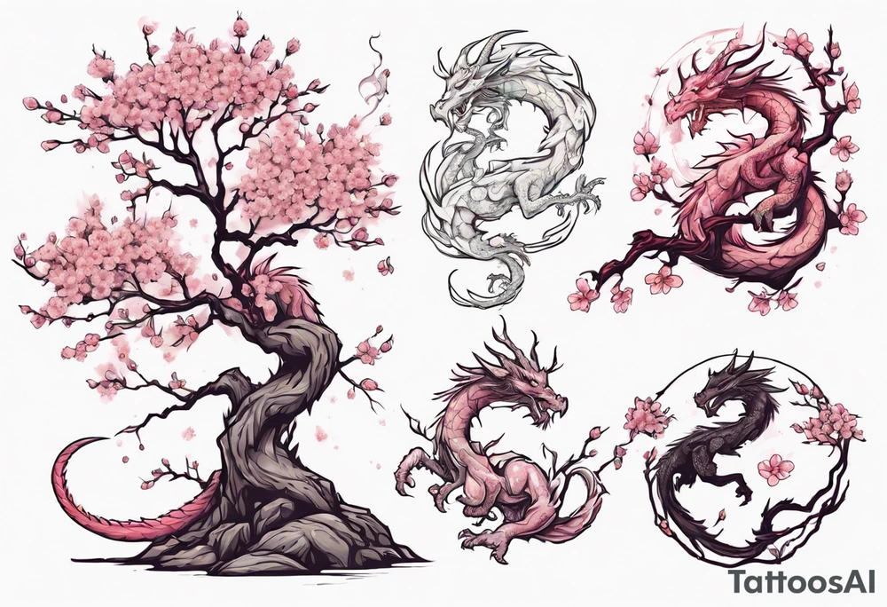 skinny tree brand with small cherry blossom flowers. Small fantasy dragon perched on branch. tattoo idea