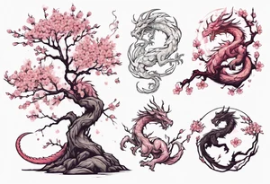 skinny tree brand with small cherry blossom flowers. Small fantasy dragon perched on branch. tattoo idea