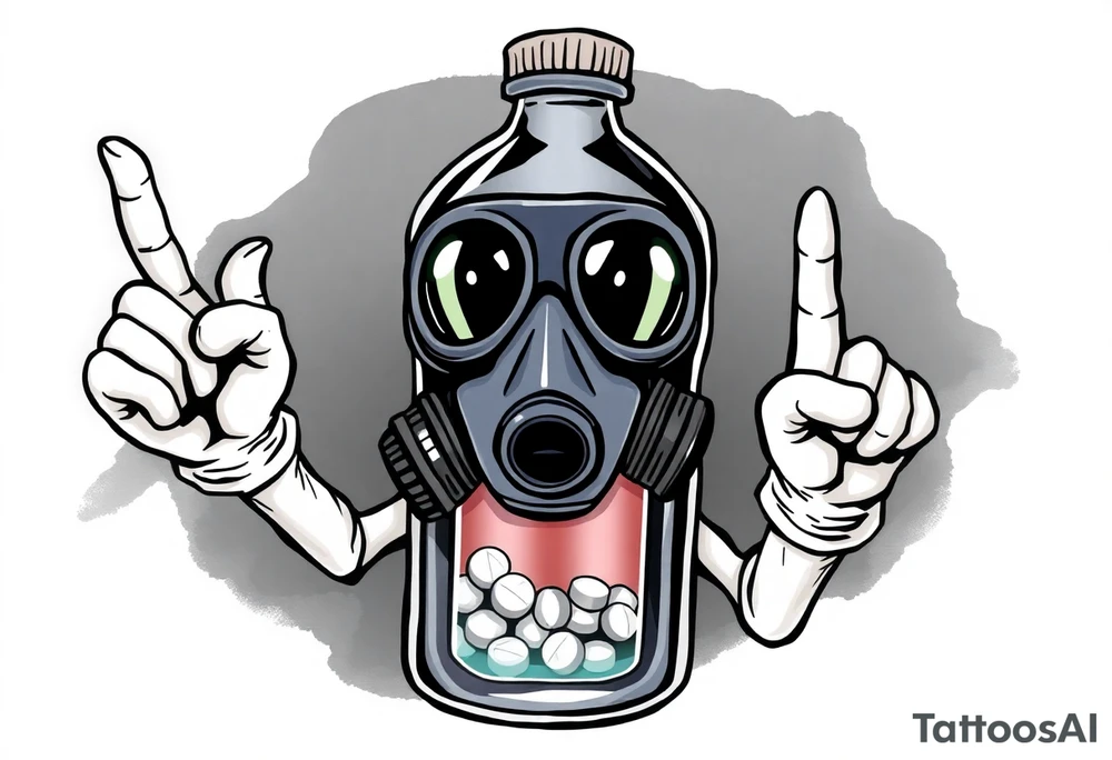 A caricature 2 liter bottle with bulging cartoon eyes and a gas mask on where it’s mouth and nose are supposed to be. Inside the bottle is a lithium battery,and pseudoephedrine tablets, along with a liquid. It has cartoon stick arms with big white gloves one had is holding up his middle finger. It should be dark and grimy looking as if a person had been up for some days and the middle finger on the right hand should be up tattoo idea