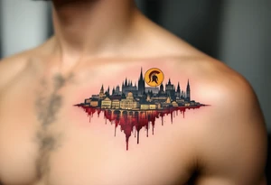 An abstract Prague city skyline in silhouette with the Sparta crest rising above in gold and maroon. tattoo idea