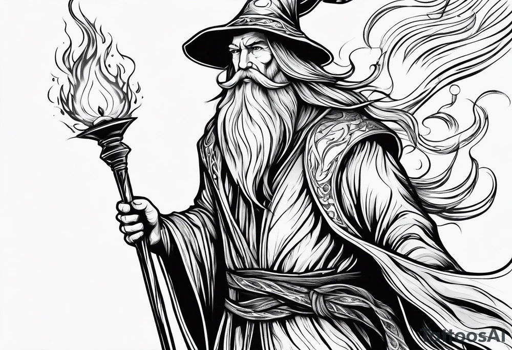 Wizard wrapped in flames and carrying a staff with a shining gem tattoo idea Wizard wrapped in flames and carrying a staff with a shining gem tattoo idea