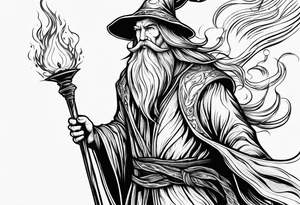 Wizard wrapped in flames and carrying a staff with a shining gem tattoo idea