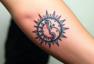 celestial sun and moon embrace with constellation patterns tattoo idea