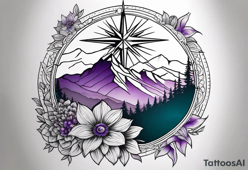 Compass rose rising like a sunrise behind a mountain. In front of the mountain, there are teal and purple flowers. Tattoo is half sleeve on the shoulder tattoo idea
