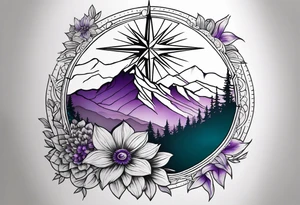 Compass rose rising like a sunrise behind a mountain. In front of the mountain, there are teal and purple flowers. Tattoo is half sleeve on the shoulder tattoo idea