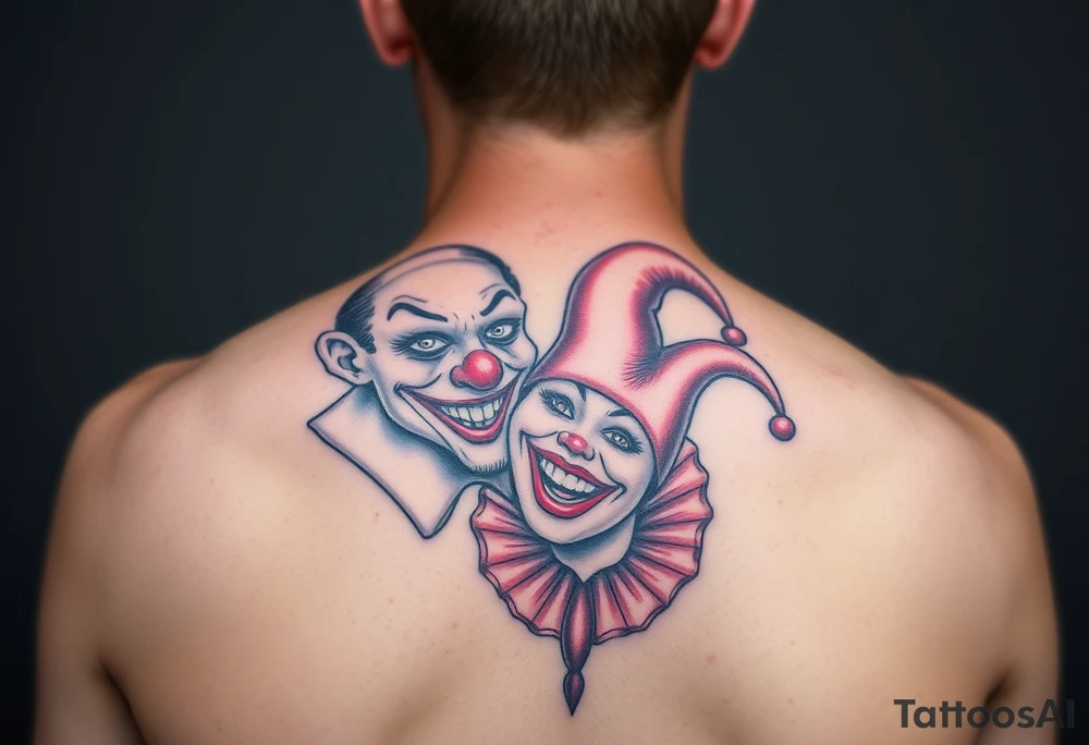 jester clown behind female jester making her smile tattoo idea