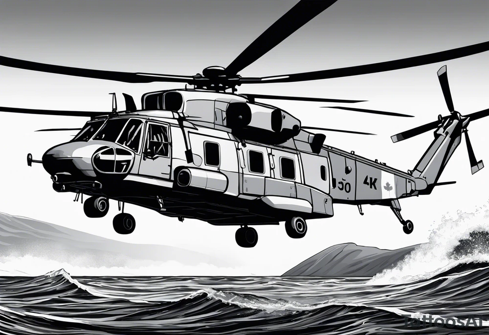 canadian military grey helicopter cyclone CH-148, a helicopter flying over rough water, Clear sky, military art, ocean specular, highly detailed background, detailed 4 k drawing tattoo idea