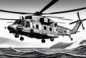 canadian military grey helicopter cyclone CH-148, a helicopter flying over rough water, Clear sky, military art, ocean specular, highly detailed background, detailed 4 k drawing tattoo idea